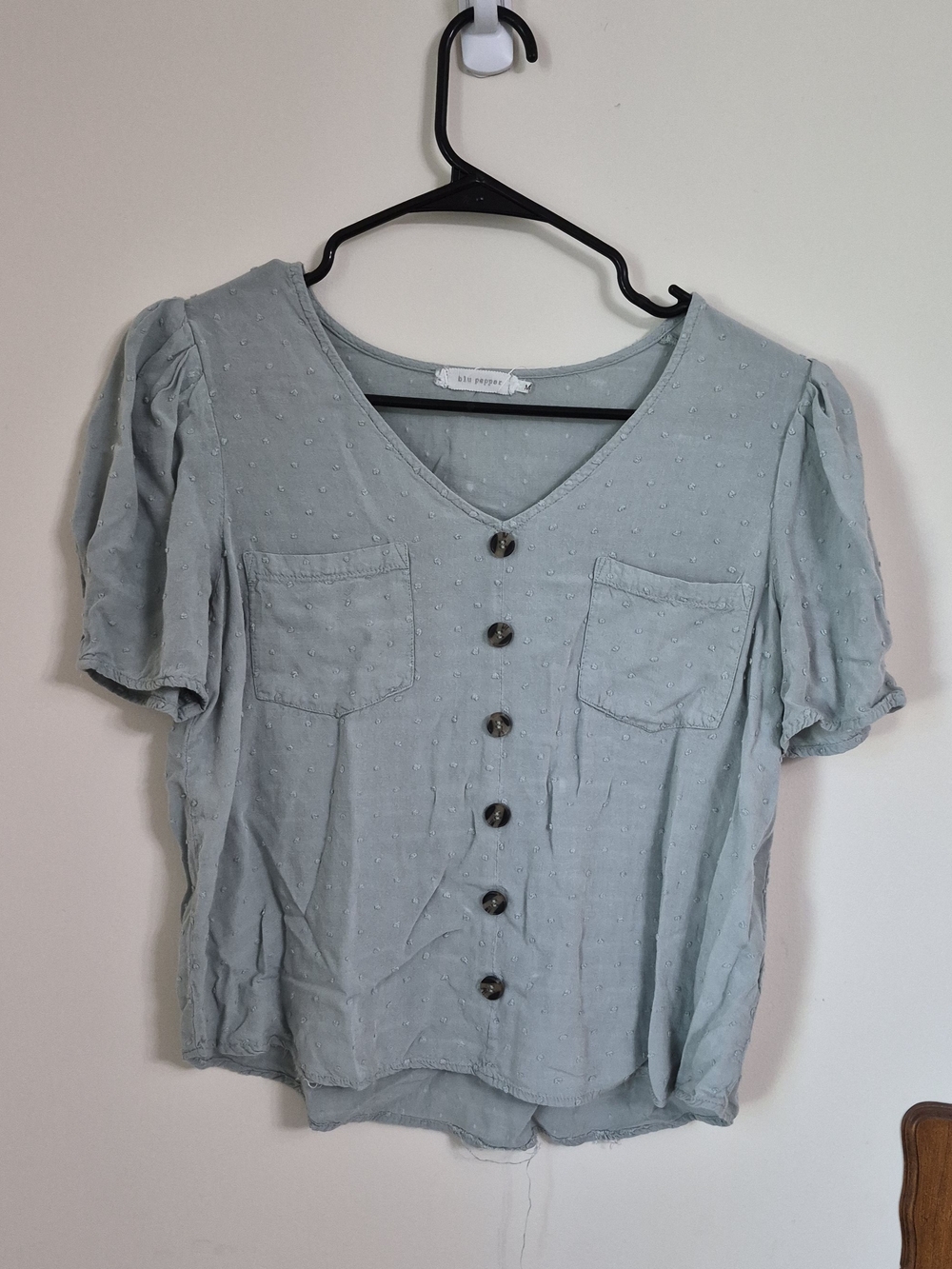 Blu Pepper Light Sage Green Button-Front Swiss Dot Blouse